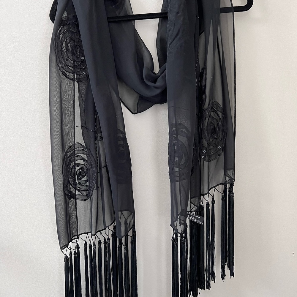 Valerie Stevens Sheer Black Scarf with Tassels